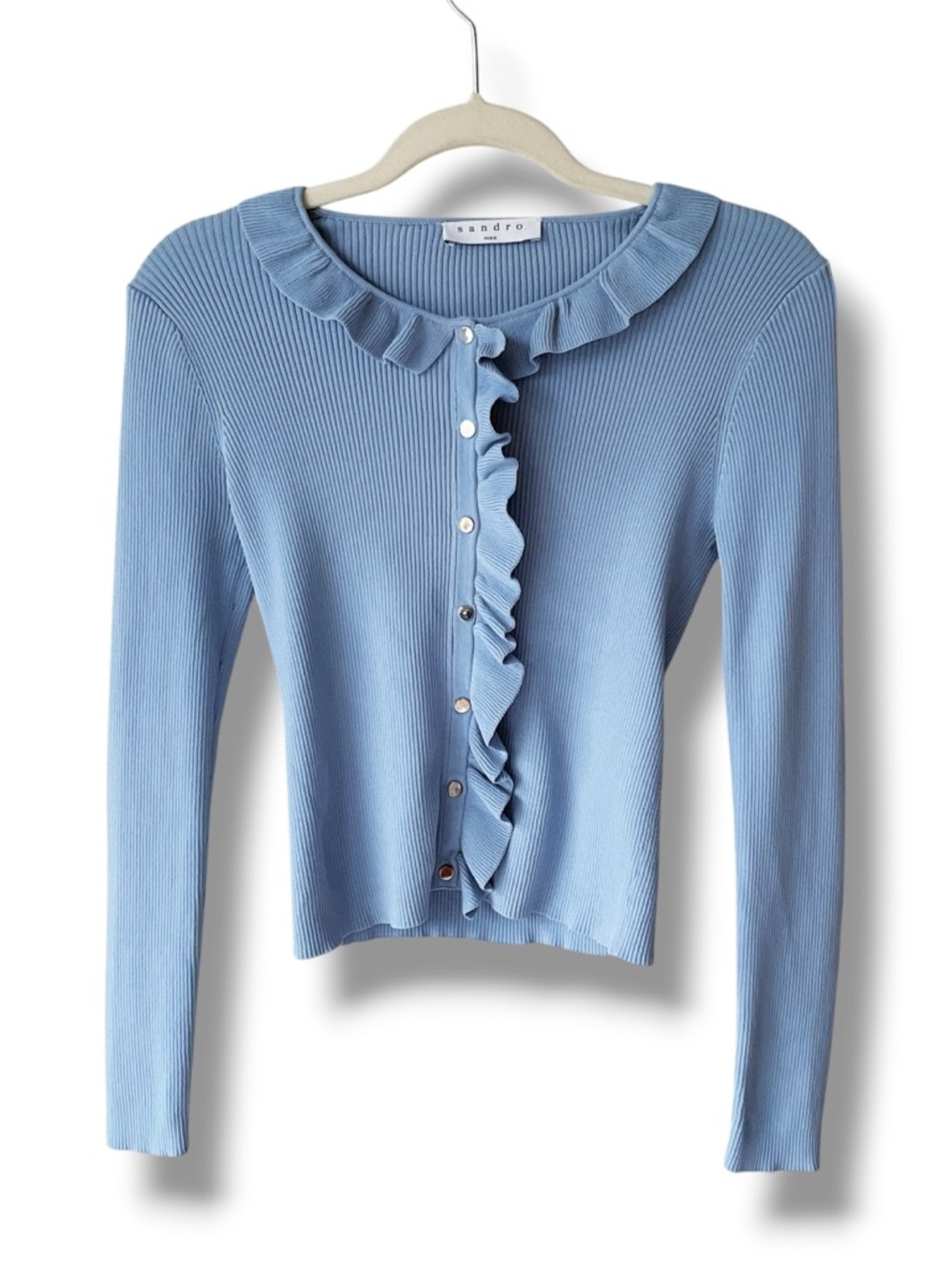 Sandro Paris Revy Ruffle-Trimmed Blue Cropped Cardigan Size 2/US 6